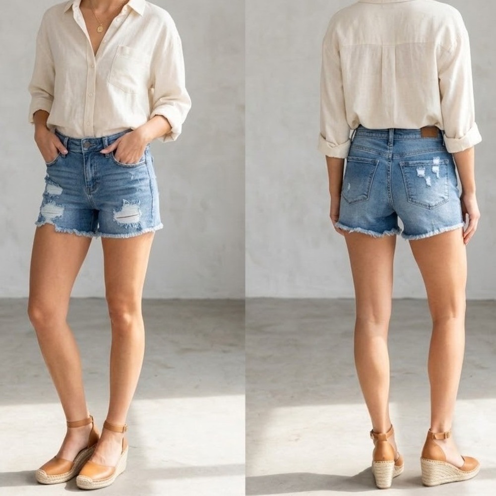 Judy Blue Heavily Distressed High Rise Jean Shorts Size S Cut Off‎ Medium Wash